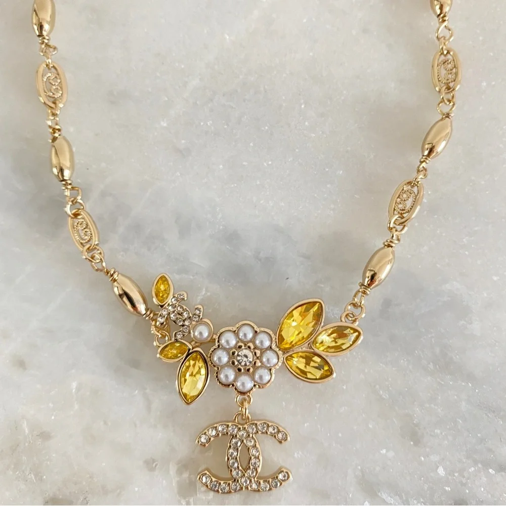 Gold CC Floral crystal pearl Necklace